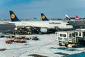 Sofia Airport, Bulgaria, January 27 2014, Airplanes lined up at the gates in snow at Sofia Airport