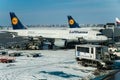 Sofia Airport, Bulgaria, January 27 2014, Lufthansa airplanes lined up at the gates in snow at Sofia Airport