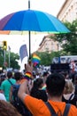 Sofia / Bulgaria - 10 June 2019: Guy with Rainbow Umbrella in Gay and Lesbian Parade in Sofia. March support LGBT