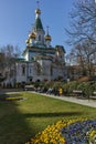 SOFIA, BULGARIA - MARCH 17, 2018: Amazing view of Golden Domes Russian church in Sofia