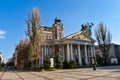 Sofia, Bulgaria - March 1, 2021: Front of the building of the Bulgarian National Theatre Ivan Vazov. Surrounding square