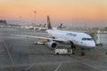 SOFIA, BULGARIA - March, 2019: Lufthansa and Ryanair commercial airplanes at sunrise at the airport ready to take off. Plane