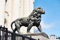 Sofia, Bulgaria, March 30, 2023 Statue of lion near Judicial Chamber in city of Sofia