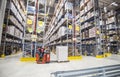 SOFIA, BULGARIA - NOVEMBER 21 2019: Interior of a large warehouse with shelves and forklift Royalty Free Stock Photo