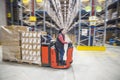 SOFIA, BULGARIA - NOVEMBER 21 2019: Interior of a large warehouse with shelves and forklift Royalty Free Stock Photo