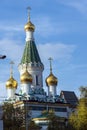 Sunset view of Golden Domes Russian church in Sofia, Bulgaria