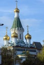 Sunset view of Golden Domes Russian church in Sofia, Bulgaria