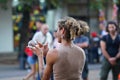 Sofia, Bulgaria October, 27, 2019 Street artist does his show with a ball