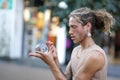 Sofia, Bulgaria October, 27, 2019 Street artist does his show with a ball