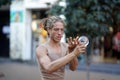 Sofia, Bulgaria October, 27, 2019 Street artist does his show with a ball