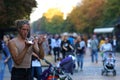 Sofia, Bulgaria October, 27, 2019 Street artist does his show with a ball