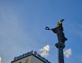 Saint Sofia Monument in Sofia with background blue sky and Unicredit Bulbank building Royalty Free Stock Photo