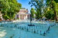 SOFIA, BULGARIA, SEPTEMBER 2, 2018: People are enjoyingg sunny summer day next to the fountain in front of the Ivan Vazov theatre Royalty Free Stock Photo