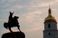 Sofia Cathedral and Monument to Bogdan Khmelnitsky on the sunset in Kyiv Royalty Free Stock Photo