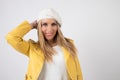 Sofia in photographic studio with a wool hat Royalty Free Stock Photo