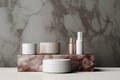 Soft Aesthetic Cosmetic Packaging Arranged On Concrete Podiums