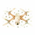 Soft And Airy Watercolor Illustration Of A Wooden Drone With Leaves