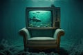 Soft armchair, old TV set, fishes underwater