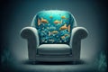 Soft armchair underwater and swimming fishes