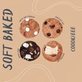 Soft baked cookie, hand draw water color vector