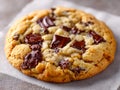 Soft baked cookie loaded with melted dark chocolate chunks resting on parchment paper against a blurred rustic surface background Royalty Free Stock Photo