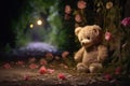 soft bear toy lost on a park path, surrounded by night flowers