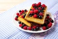 Soft Belgian waffles with blueberry, raspberry and blackcurrant Royalty Free Stock Photo