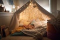 soft blanket and pillow fort, with pillows for seating, in child's room Royalty Free Stock Photo