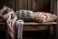 soft blankets and cushions in hand-knitted textures on a wooden bench
