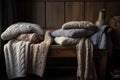 soft blankets and cushions in hand-knitted textures on a wooden bench