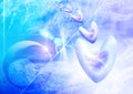 Soft blue celestial background with hearts