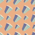 Soft blue popcorn ornament seamless doodle pattern. Light beige background. Simple sinema backdrop