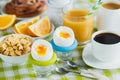 Soft boiled chicken egg, coffee, muesli and orange juice Royalty Free Stock Photo