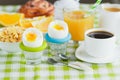 Soft boiled chicken egg, coffee, muesli and orange juice Royalty Free Stock Photo