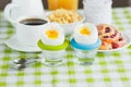 Soft boiled chicken egg, coffee, muesli and orange juice Royalty Free Stock Photo