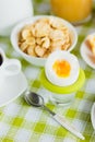 Soft boiled chicken egg, coffee, muesli and orange juice Royalty Free Stock Photo