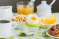 Soft boiled chicken egg, coffee, muesli and orange juice Royalty Free Stock Photo