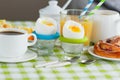 Soft boiled chicken egg, coffee, muesli and orange juice Royalty Free Stock Photo