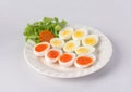 Soft boiled duck eggs and hard boiled eggs on the dish