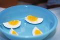 Soft-boiled egg, quartered vertically, served on a blue plastic plate for a child Royalty Free Stock Photo