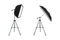 Soft box and black umbrella reflector. Royalty Free Stock Photo