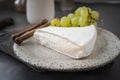 Soft brie camembert cheese with sweet grapes on a handmade clay plate. Side view of a piece of soft cheese with mold Royalty Free Stock Photo