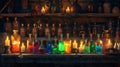 Soft candlelight illuminates the array of colorful potions and elixirs on display evoking a sense of mysterious