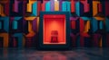 Soft chair in cubic orange capsule in empty dark room with colorful volumed walls. Abstract interior with bright neon