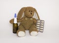 Soft children`s toy dog with medicines and tablets next to it. Concept of children`s health and diseases, protection of children f