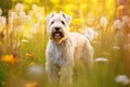Soft coated wheaten terrier dog standing in meadow field surrounded by vibrant wildflowers and grass on sunny day ai generated Royalty Free Stock Photo