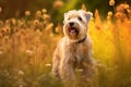 Soft coated wheaten terrier dog standing in meadow field surrounded by vibrant wildflowers and grass on sunny day ai generated Royalty Free Stock Photo