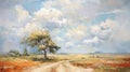 Soft Color Fields: A Serene Painting Of A Road And Tree