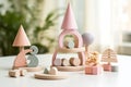 Soft color wooden construction blocks, shapes, cones for building a children\'s toy for playing. Royalty Free Stock Photo