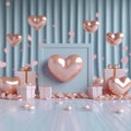 Soft colored Valentines Day illustration with hearts and gifts, 3D rendering